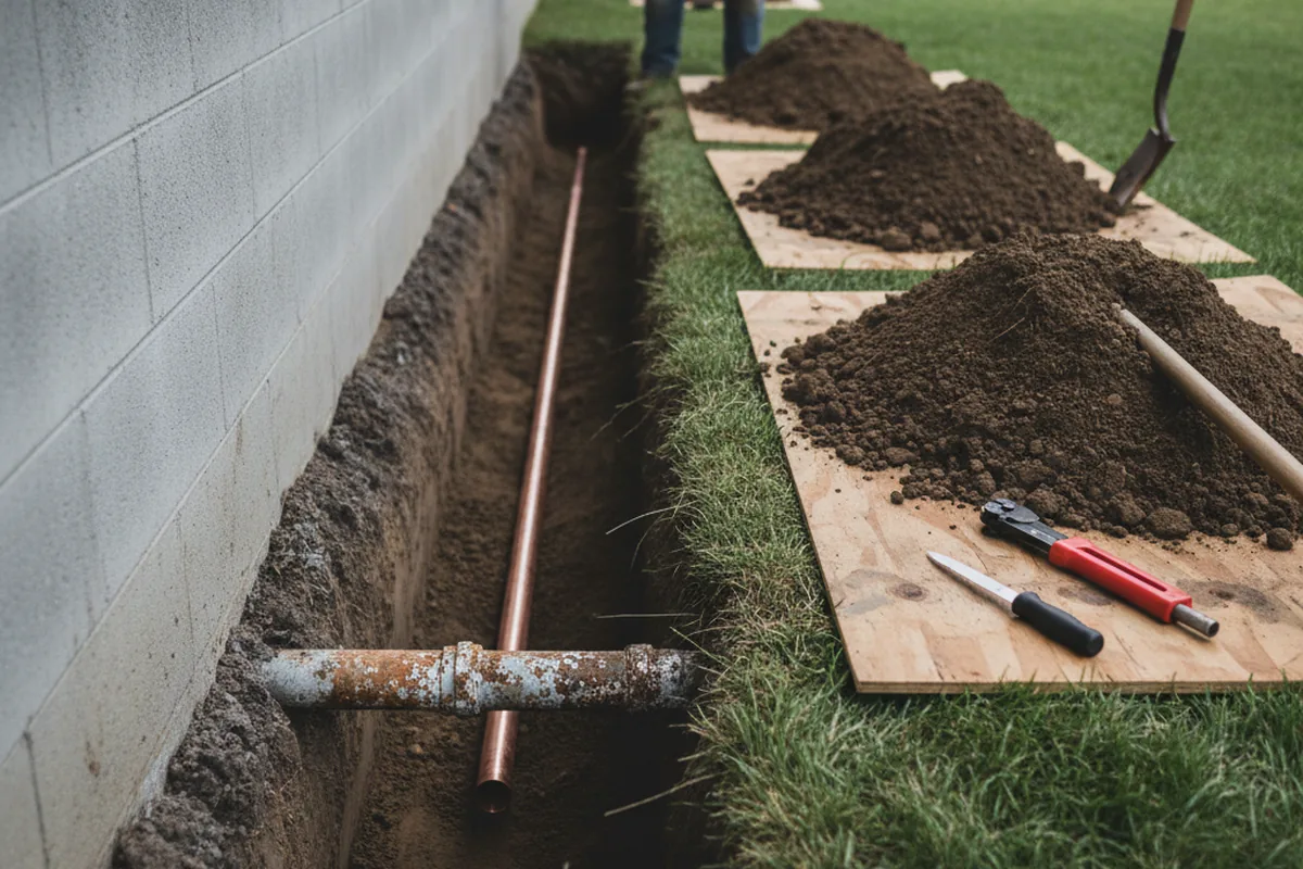 Excavated water line trench during Water Softener Installation in Highland Falls